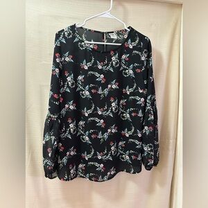 BOGO Disney x LC Lauren Conrad Apple Floral Blouse Size L Sheer Sleeve Top ⚫️